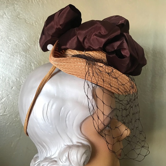 RAVISHING 1930s\' TILT TOY NATURAL STRAW HAT WITH COPPER COLORED BOWS AND VEIL main image 5